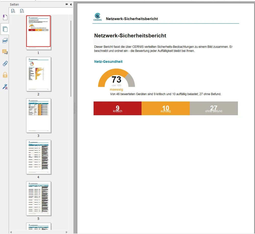 Ein Netzwerk-Sicherheitsbericht mit der „Netz-Gesundheit"-Kennzahl (0–100), sauber gegliedert.